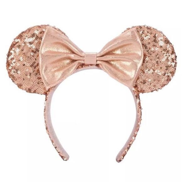 NWT Disney Parks Rose Gold Champagne Minnie Mouse Bow Sequins Ear Headband Ears